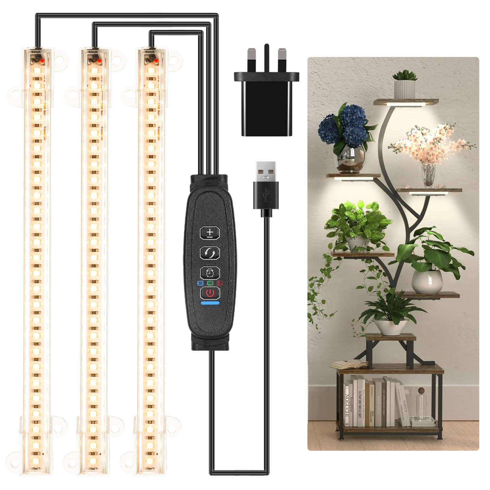 Czoumu 8.6'' LED Grow Light Strips, Full Spectrum 3500K Grow Lights for Indoor Plants, 3 Head with 3/9/12H Timer, 10 Dimmable Levels, Perfect for Seedling, Succulent, Plant Shelf, 1-Pack