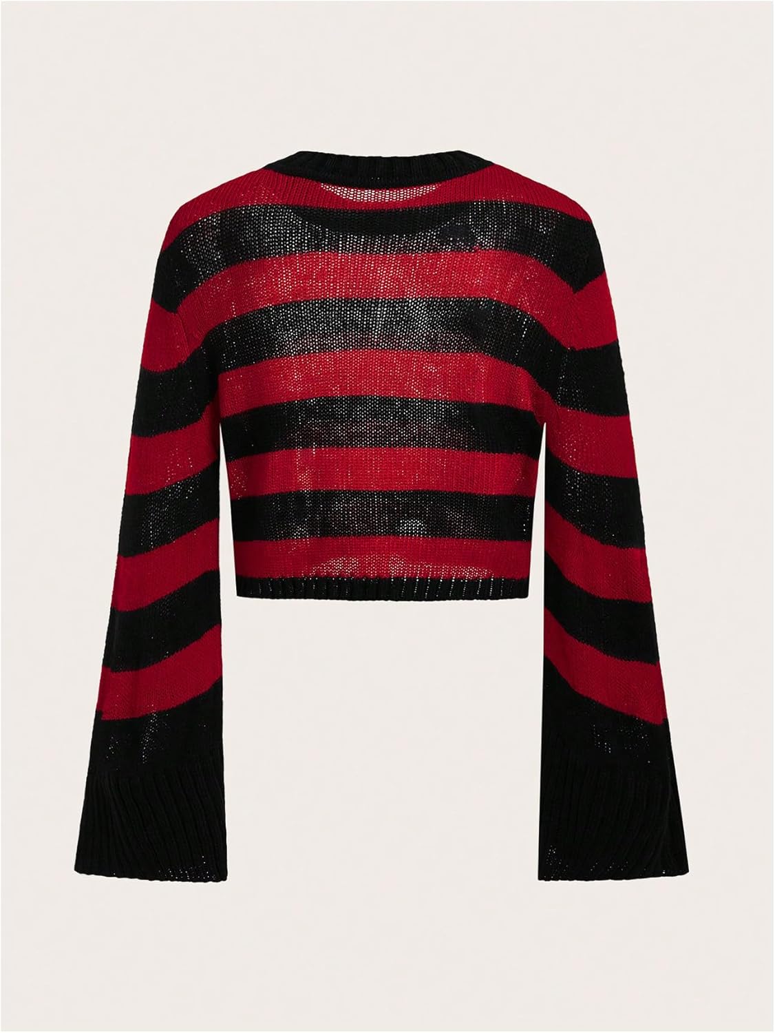 Women's Striped Cropped Sweater Gothic Ripped Crew Neck Bell Long Sleeve Pullover Knit Tops - Image 2