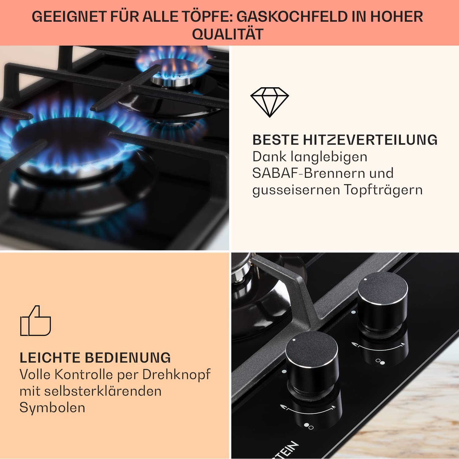 Klarstein Gasherd, Gaskochfeld 4 Flammig, Einbau-Gaskocher für Zuhause & Wohnmobil, Edelstahl Campingkocher, Gasherd für Propan- und Erdgas, Gas-Herdplatte mit Wok Brenner, Gas Kocher 4000 Watt