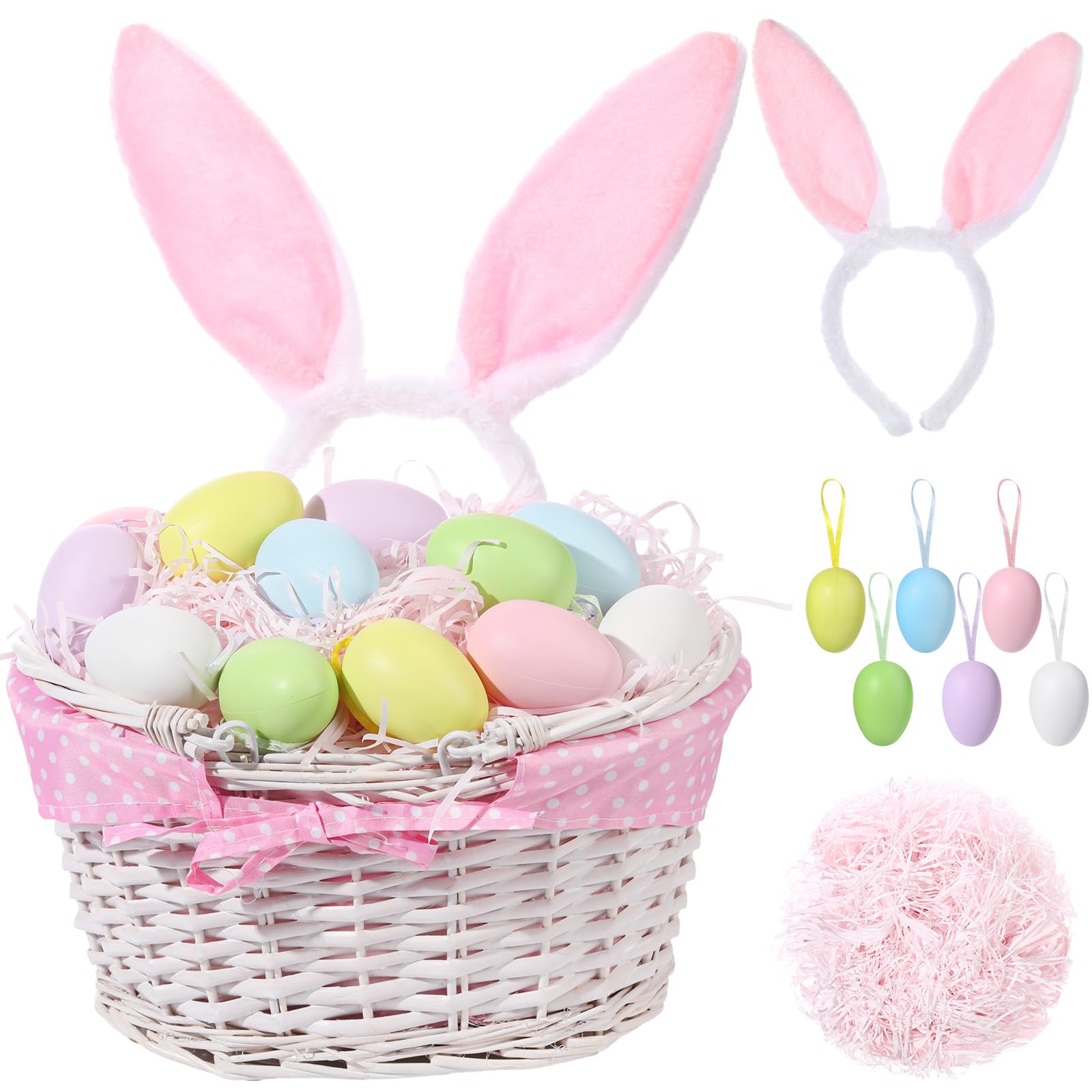SiliFine Easter Bunny Gift Basket Set Include Wicker Basket with Liner Gingham, Easter Bunny Headband, Easter Eggs, Raffia Paper Grass, Easter Gift for Party Favor Decoration(Pink)