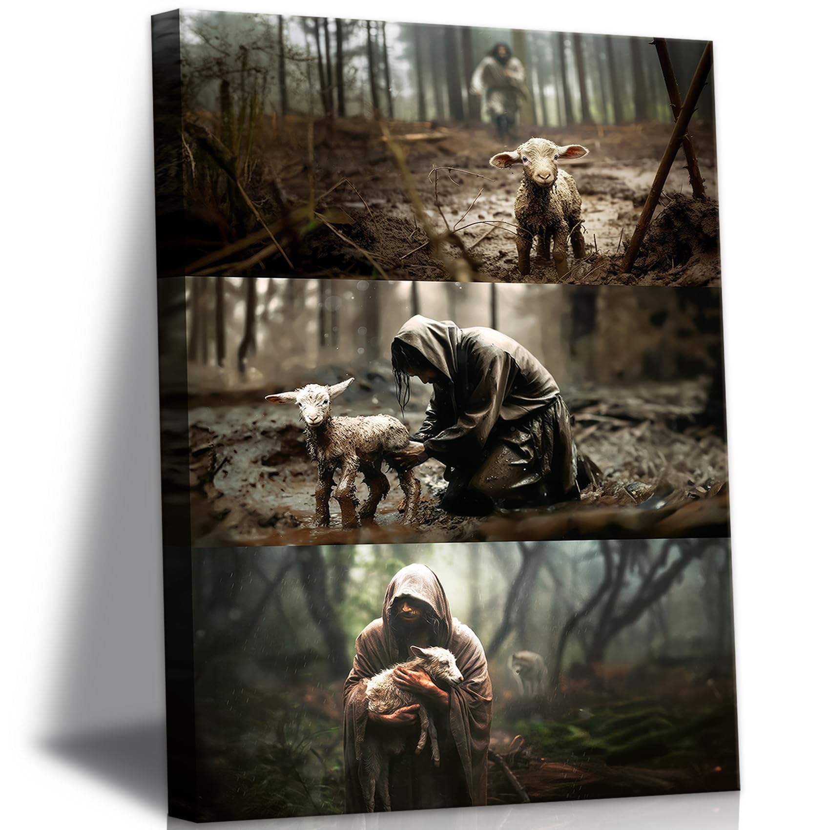 Framed Jesus and Lamb Canvas Wall Art - Jesus Saves Lost Lamb Prints, Vintage Christian Pictures for Modern Bedroom Decor (16x24in Framed)