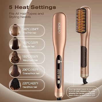Steam Hair Straightener Brush, Steamline Pro 3 in 1 Straightening Brush, Curly & Frizzy Hair,Smooth Without Flattening, 5 Temp Settings & LED Display, Dual Voltage, Professional Tools, Orange
