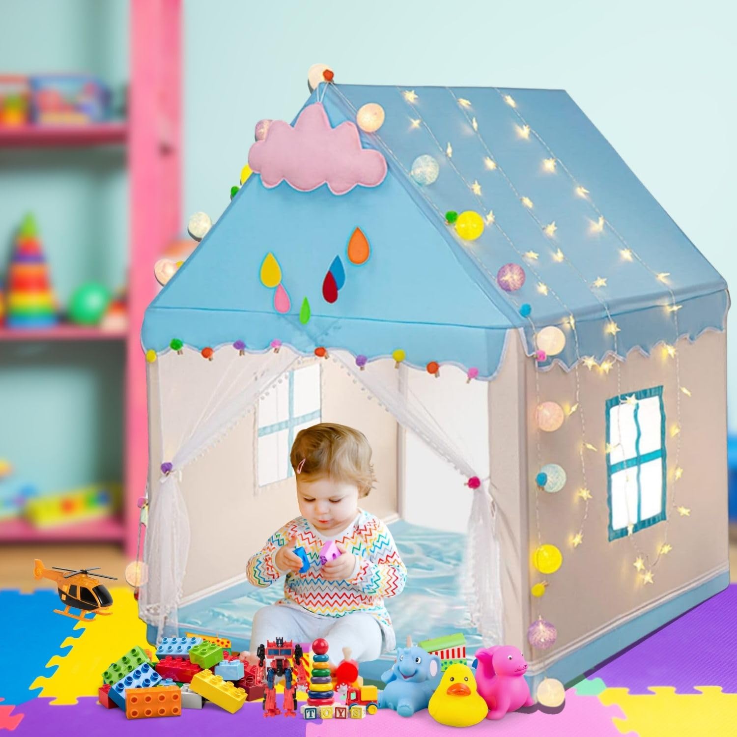 Deal Hunt: Girls' Princess Tent, Playful Kids' Tents, Toys & Dollhouse. Ideal Indoor/Outdoor Children's Playhouse (Ball Light Flower Room) (Blue)