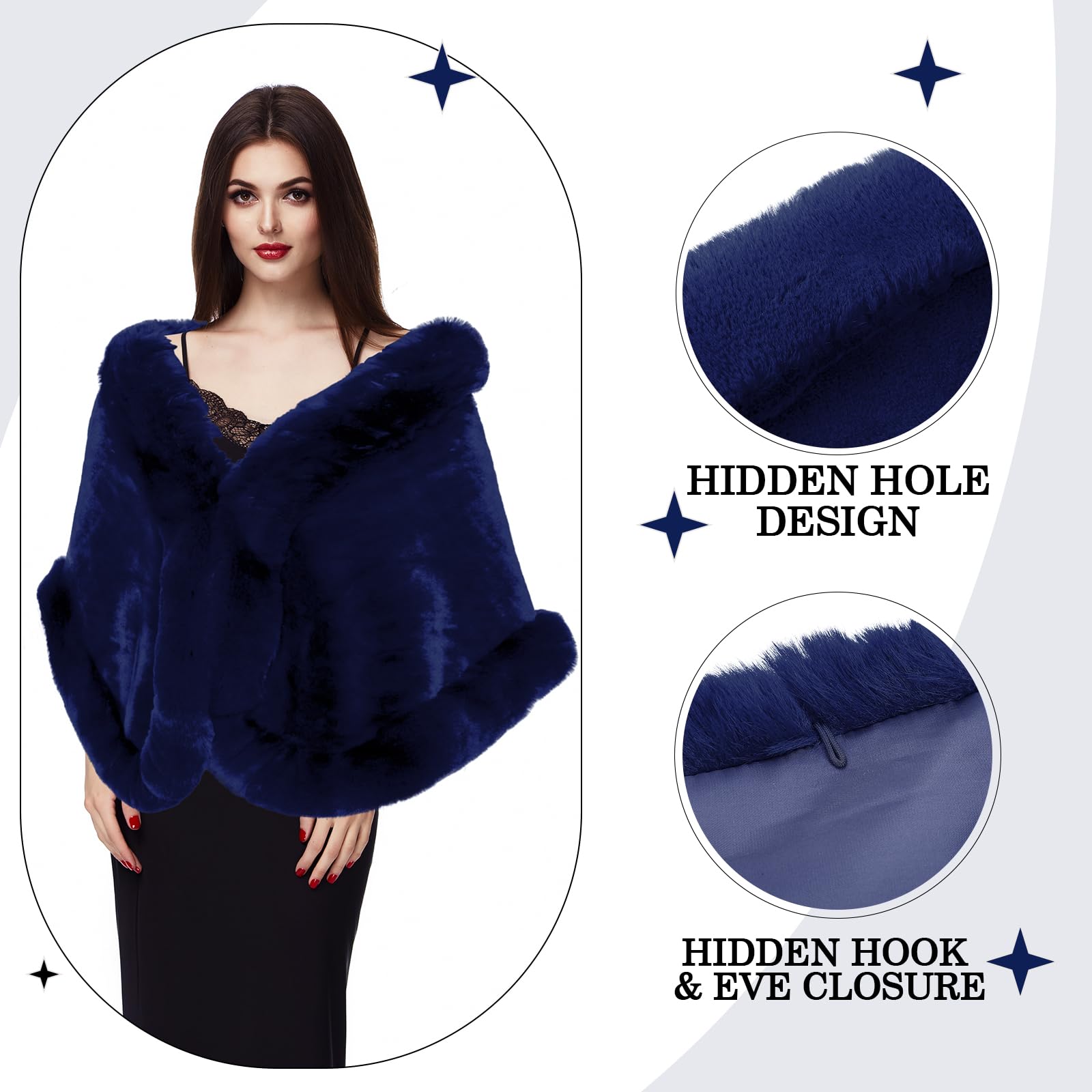 Jadive Châle en fausse fourrure pour femme avec 2 broches en strass pour mariage, cape en fausse fourrure
