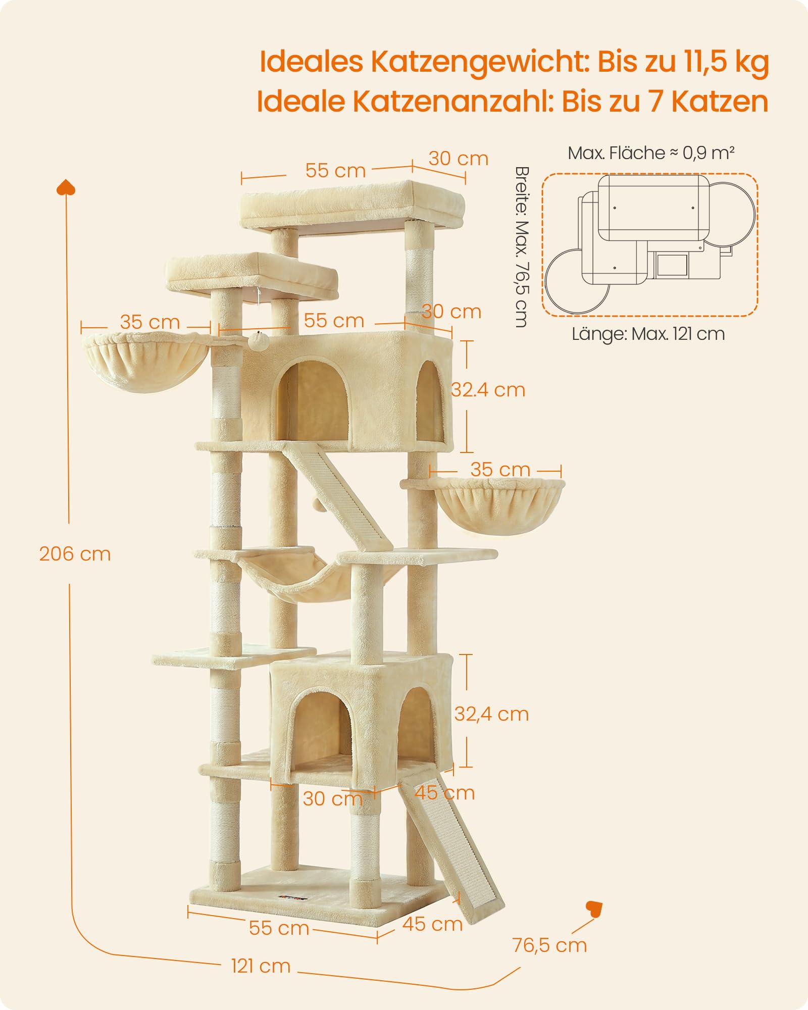 Feandrea Kratzbaum groß, XXL Katzenbaum mit Kratzbrettern und Sisal, Kletterbaum für Große Katzen, 55 x 45 x 206 cm, Beige, für Mehrkatzenhaushalt, Clawfy Kollektion PCT021Y101