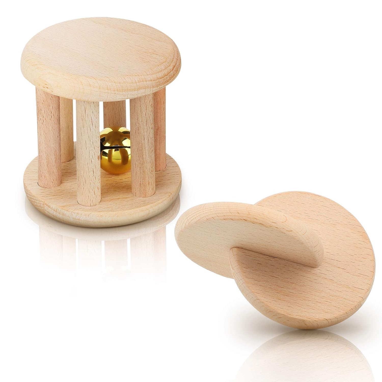 2 Pieces Wooden Rattle Wood Interlocking Discs Montessori Toys Teether Toys Wooden Rattle with Bell Nice Gift for Baby Boys and Girls Birthday Party Favor