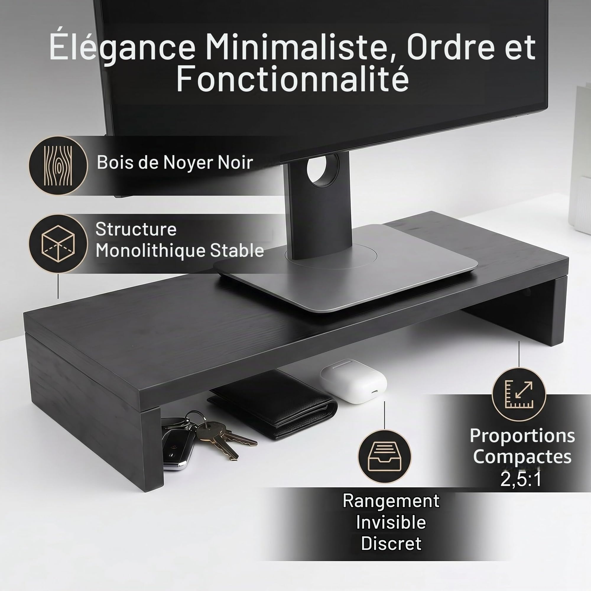 Rehausseur d'Écran en Bois Noir 50,04x20,07x6,10 cm (19,7x7,9x2,4 Pouces), Socle Ergonomique Support Moniteur Bureau, Organisateur de Rangement pour Écran PC, Ordinateur Portable, Téléviseur