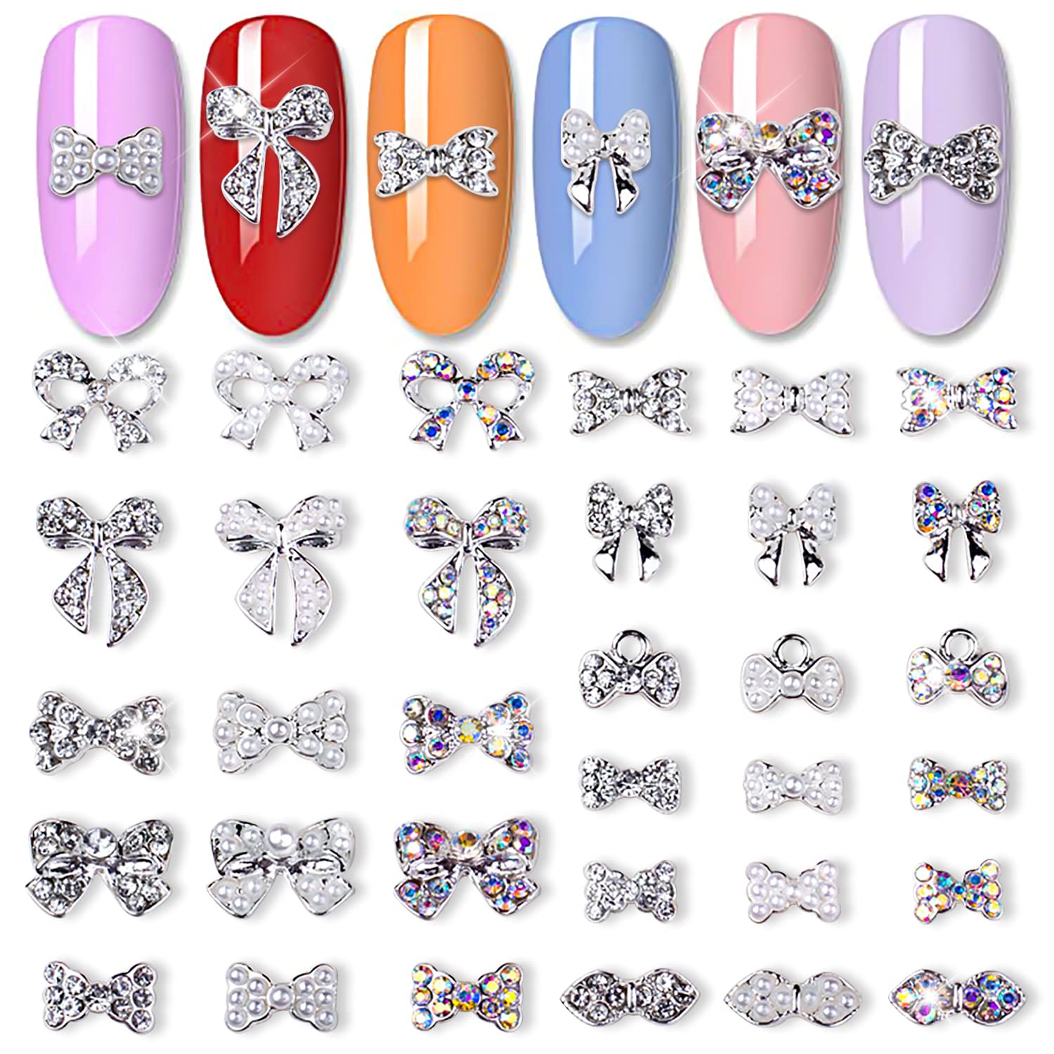 33 Pcs Silver Alloy Bow Charms for Nails Bow Nail Charms Gems Bowknot Nail Studs Inlaid Pearl Clear Iridescent Rhinestone for Women Nail Art