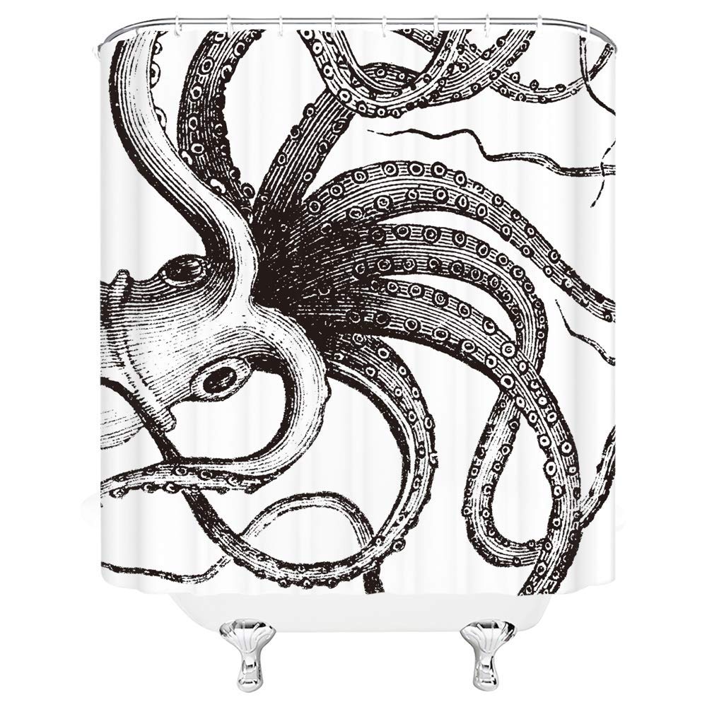 JOOCAR Design Shower Curtain, Kraken Ocean Giant Octopus Tentacles Mythical Nautical Sea Monster Marine Life Abstract Monochrome Black White, Waterproof Cloth Fabric Bathroom Decor Set with Hooks