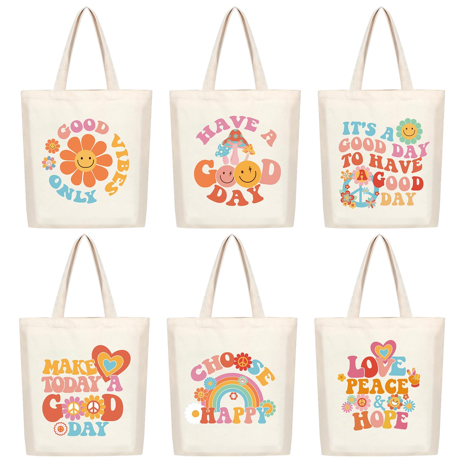 Photect 6 Pcs Aesthetic Canvas Tote Bag for Women Grocery Reusable Shopping Bags Cute Preppy Shoulder Bag for Women Teacher Gifts