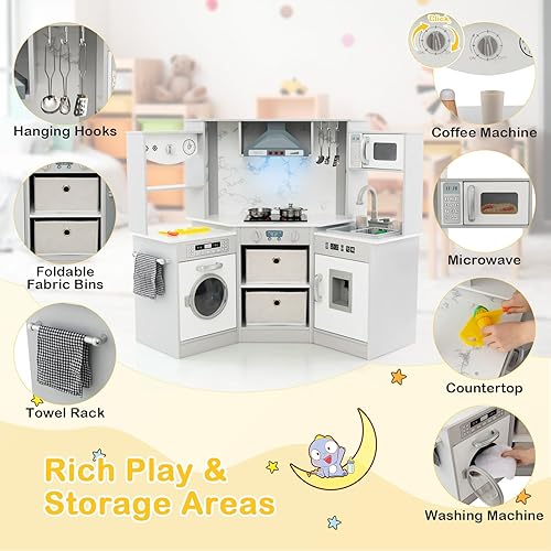 Miniatura 4 de Costzon Juego de cocina de esquina para niños, cocina de madera con luces y sonidos realistas, sistema de circulación de agua, lavadora y