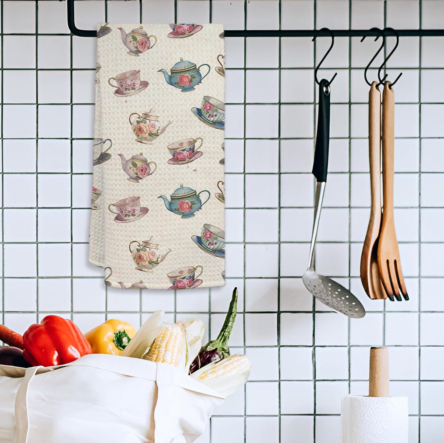 HIWX Vintage Floral Teacups Kitchen Towels, French Country Decorative Tea Dish Towels, Tea Lovers Gifts for Women, Cottagecore Teacups and Teapot Hand Towel for Kitchen Decor, 16x24 Inches