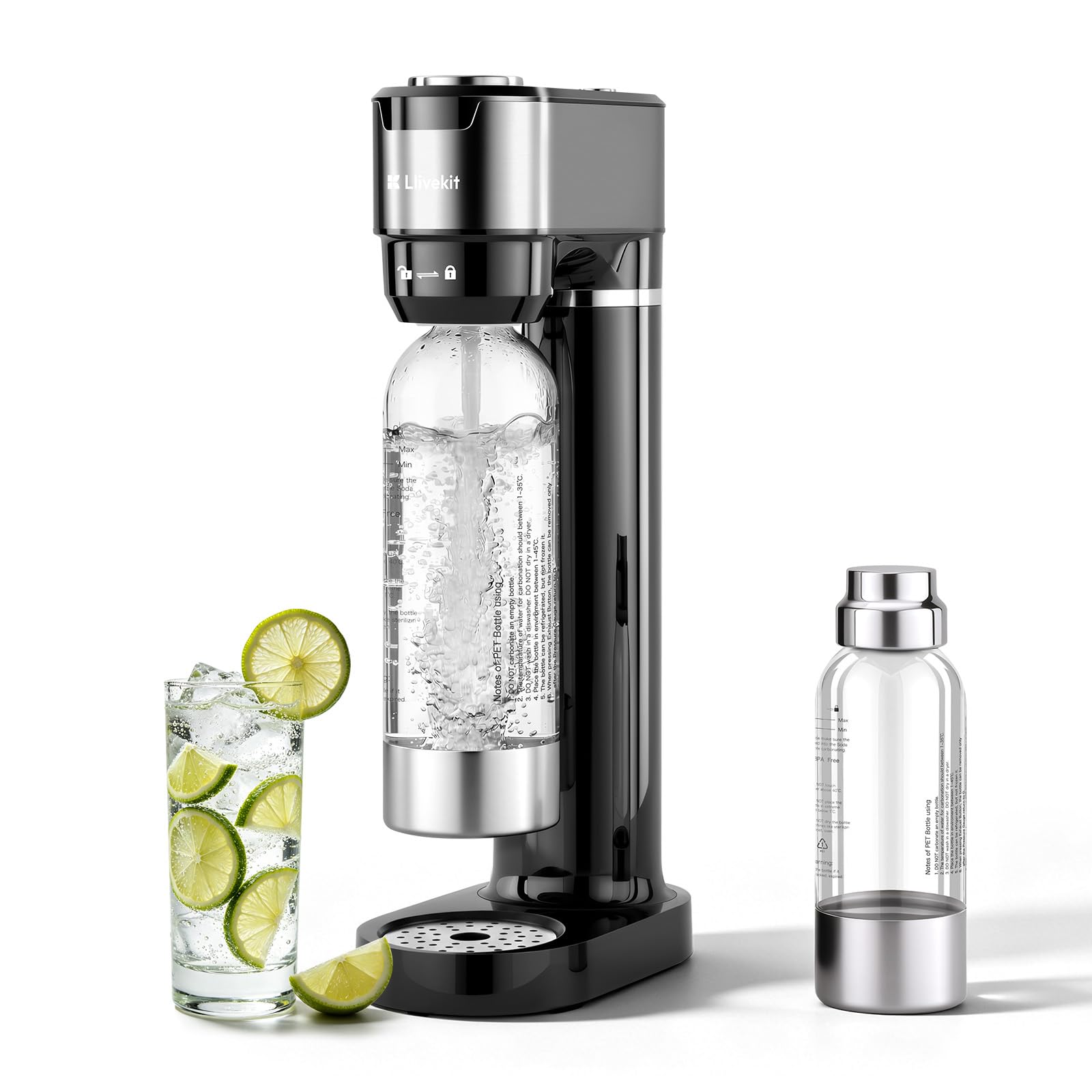 LLIVEKIT Gasatore d’acqua con 4 Livelli di Effervescenza, Gasatore Manuale con Bottiglie in PET senza BPA da 0,5 L e 1 L, Corpo in Acciaio Inox, Doppia Valvola di Sicurezza, Nero