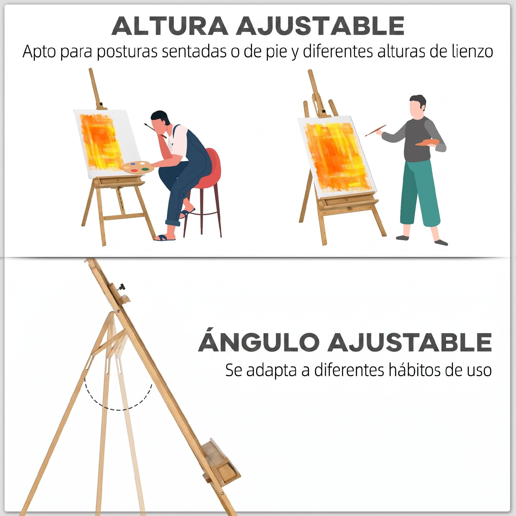 Vinsetto Caballete de Pintura Plegable 235 cm Estante Inferior Natural | Caballete de Madera, Altura y Ángulo Ajustable, para Adultos Artistas Pintor Estudiantes