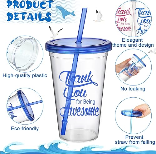 Miniatura 3 de Mifoci Paquete de 24 vasos de plástico de agradecimiento a los empleados de 20 onzas a granel con pajilla y tapa reutilizables con popote y tapa