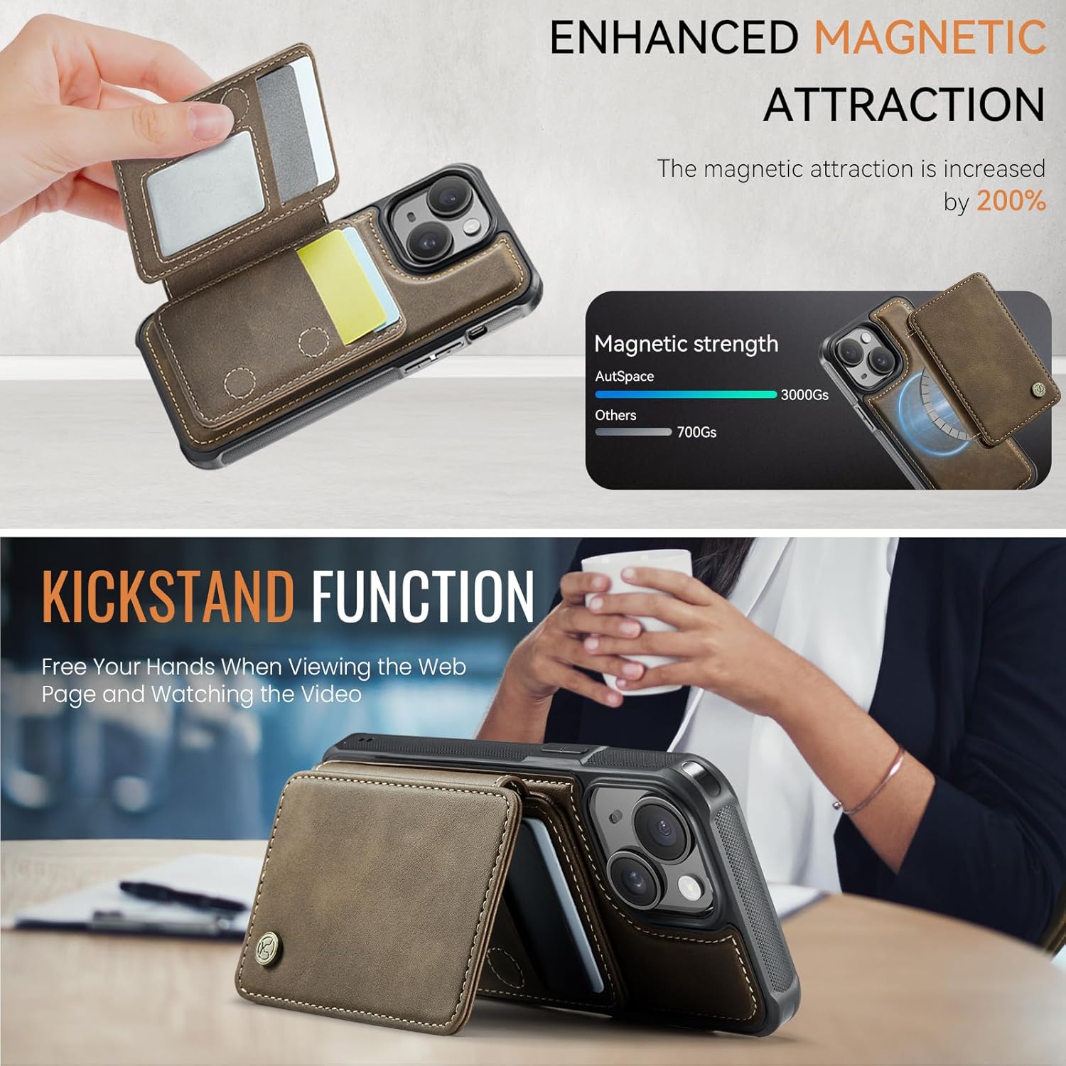 Compatible with Magsafe for iPhone 14 Wallet Case Magnetic Card Holder, RFID Blocking 2 in 1 Detachable Kickstand Shockproof Case for Women Men, Brown - Image 8