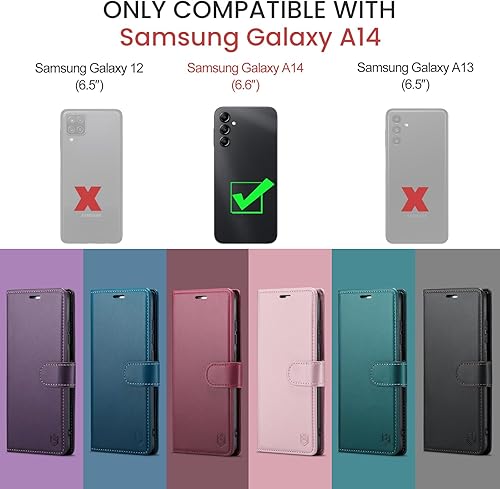 Miniatura 2 de FLIPALM Funda tipo cartera para Samsung Galaxy A14 5G con bloqueo RFID, soporte para tarjeta de crédito, de piel sintética, función atril, funda