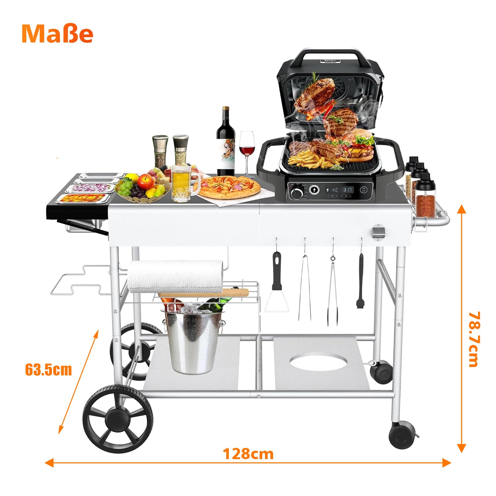 GFTIME 128 x 64 x 78cm Grillwagen Servierwagen für Weber Q Serie, Ninja Woodfire, Pizzaofen, Tischgrill,Grilltisch mit großer Arbeitsfläche, Outdoor Servierwagen Garten Trolley