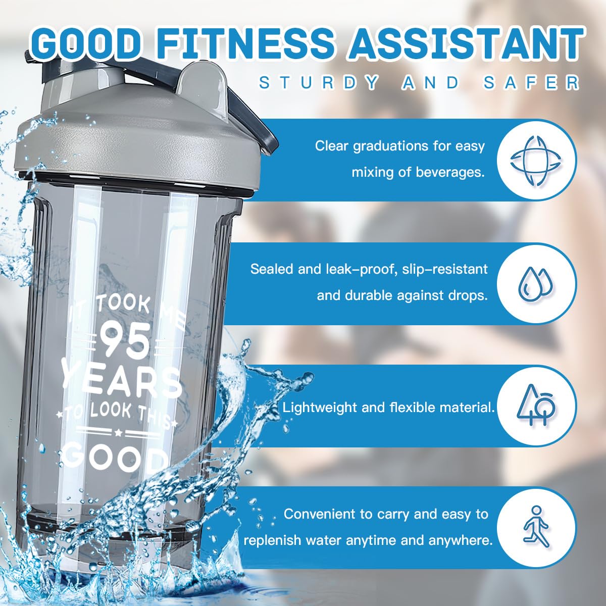 Happy 95th Birthday 18 Ounce Shaker Bottle Drink Mixer Leak-proof Pre Workout Protein Shakes Meal Replacement Shakes Bottles 500ML/18 Oz Gray