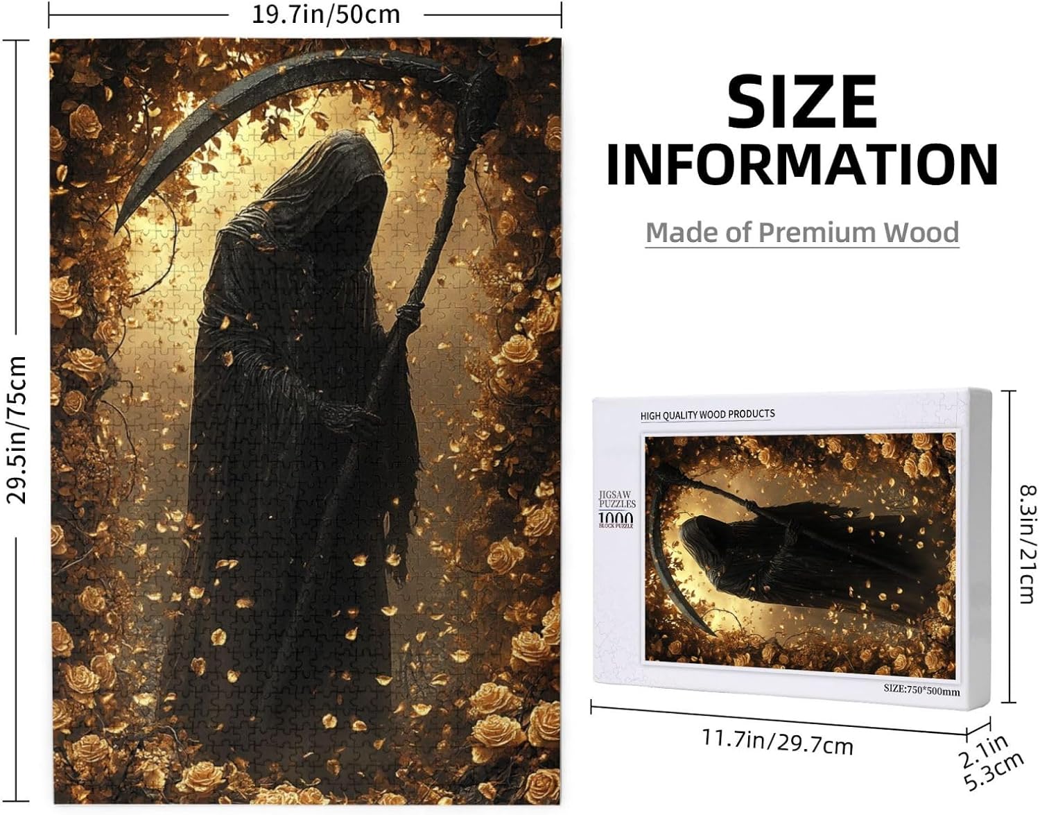 Adult Wooden Jigsaw Puzzle 1000 PCS, Grim Reaper Standing in Golden Rose Garden, Black Hooded Cloak, Ornate Scythe, Warm Glowing Background, Mysterious Atmosphere