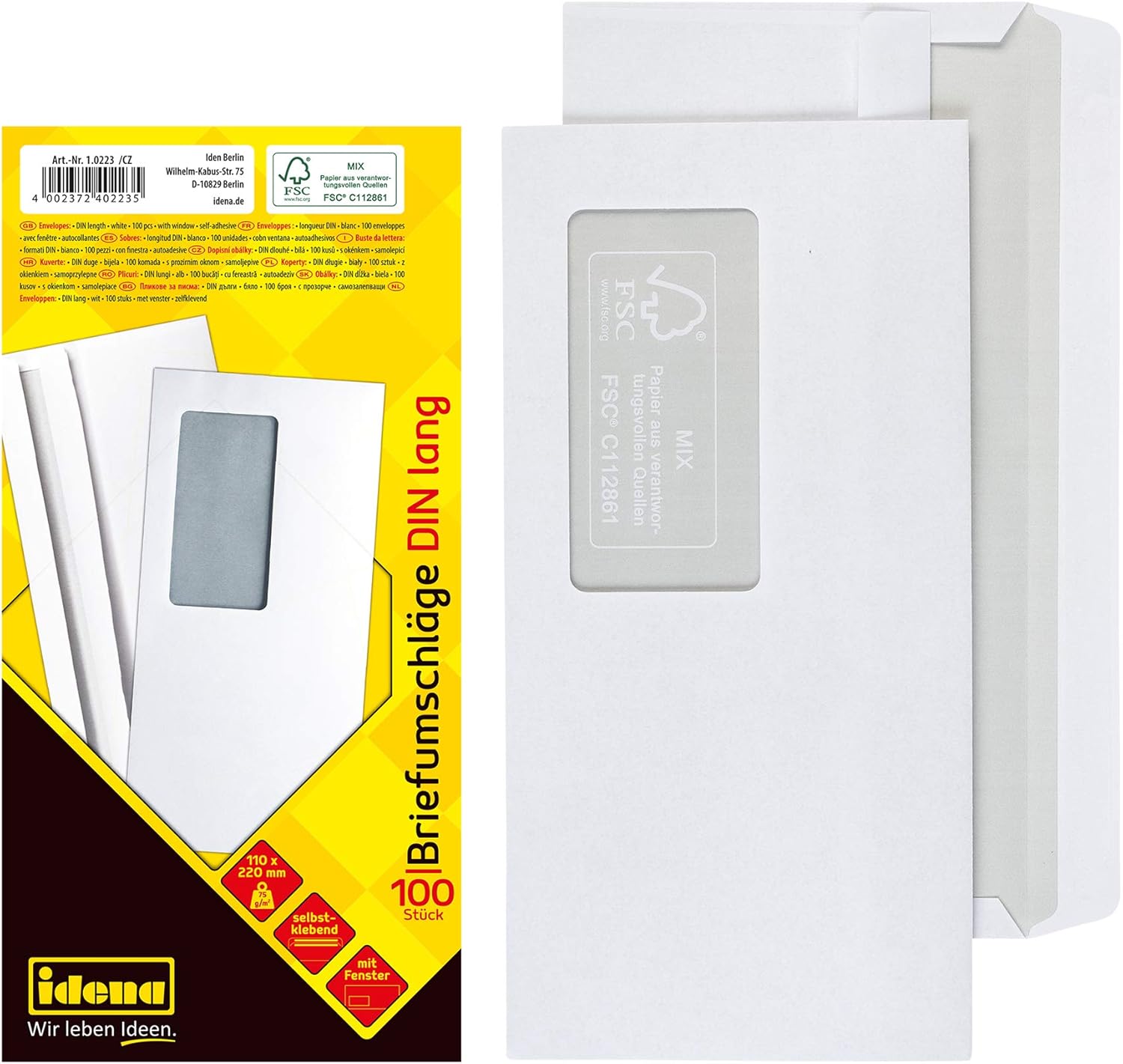 IDENA 10223 DIN Long Envelopes FSC Mix, 75 g/m² Self Adhesive with Window, Pack of 100 – White