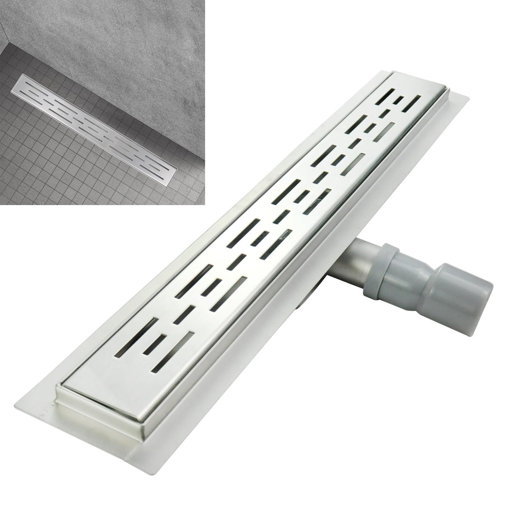 JAZY Caniveau de douche L.110 cm design linéaire, acier inoxydable, siphon anti-odeurs, drainage élevé