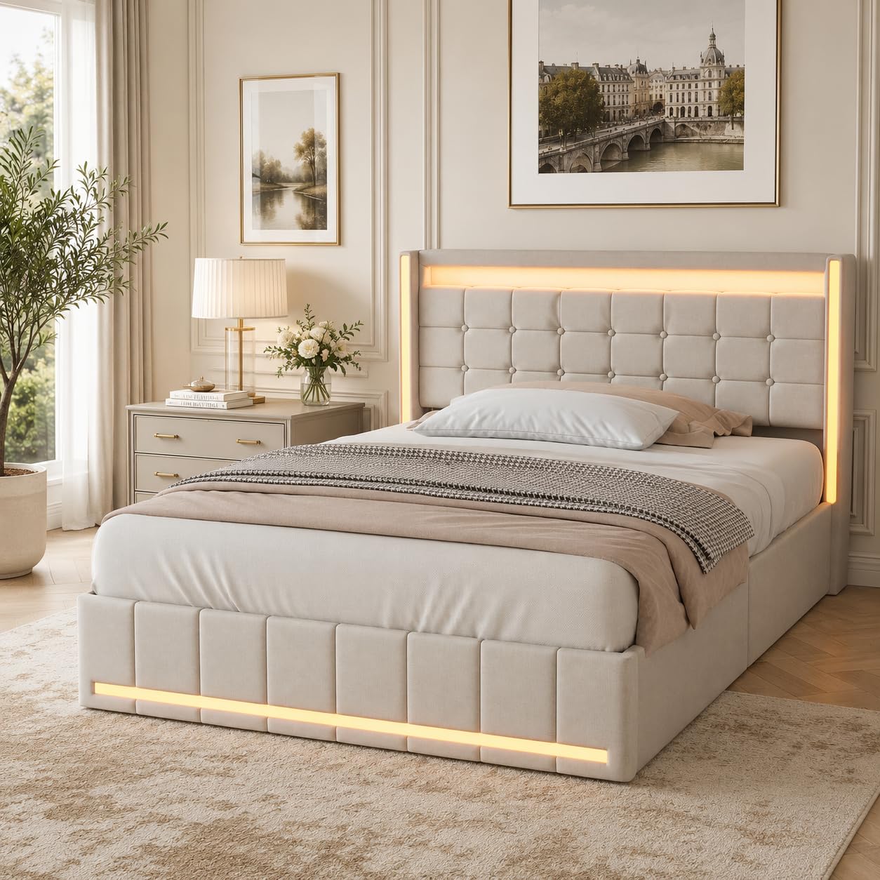 OLIVIBED 4ft6 Double Bed Frame with 4 Storage Drawers, Ottoman Bed with Leinenstoff Headboard, Upholstered Bed with Wood Slat Support, Beige, Without Mattress