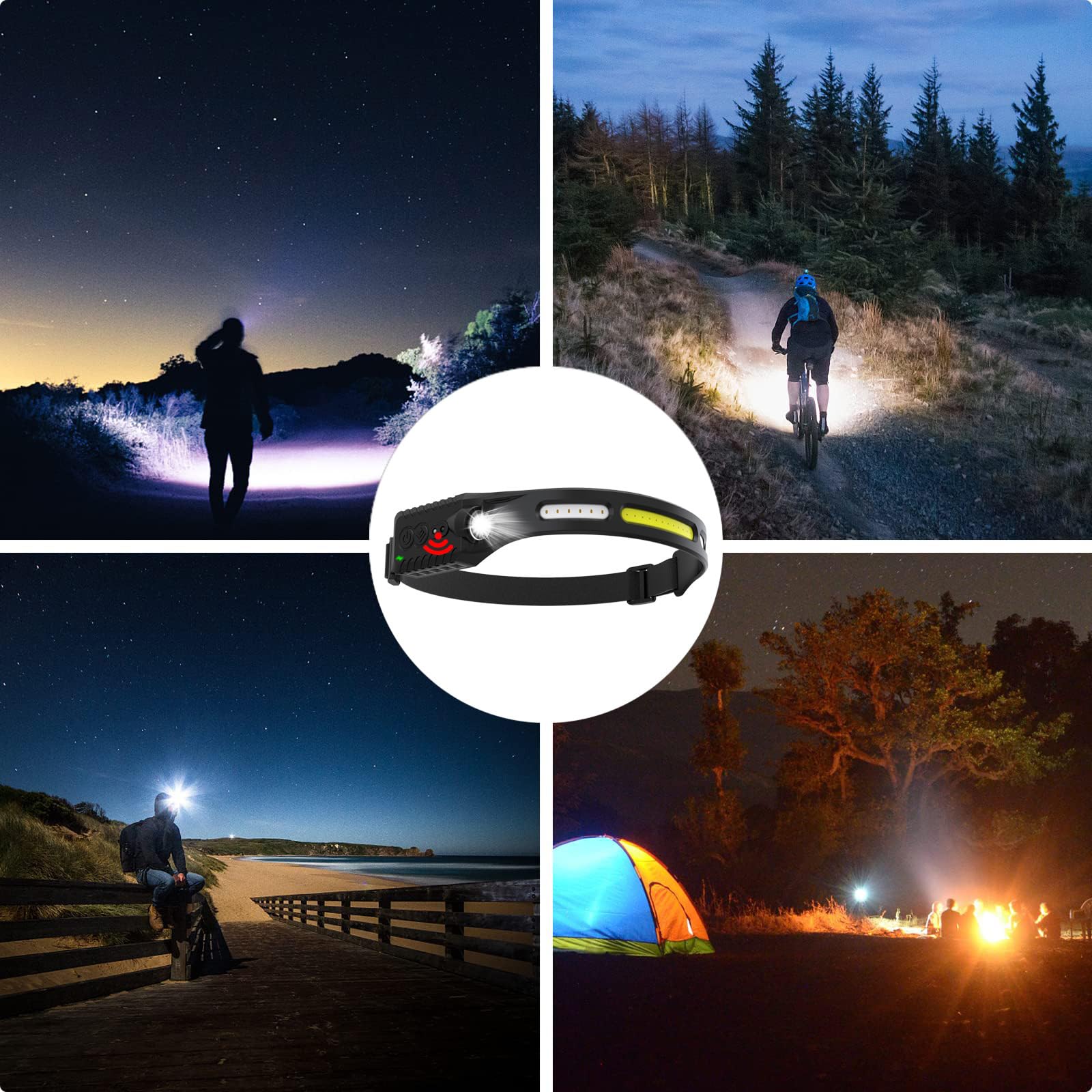 Faro recargable, faro LED con sensor de movimiento, lámpara de cabeza de haz ancho de 230 °, para senderismo, carreras, reparación, pesca, bicicleta