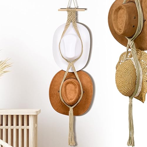 Miniatura 8 de Perchas de macramé para sombreros, estilo bohemio, para colgar sombreros de vaquero, organizador para la parte trasera de la puerta (blanco, estilo