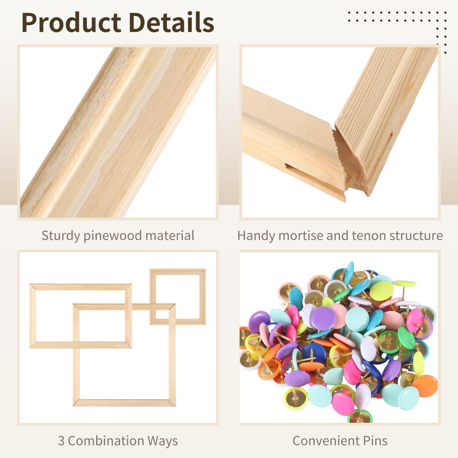 Wooden Needlepoint Stretcher Bar Set, 8 Sizes, 100 Pins, Canvas Frames for Needlework, Ideal for Embroidery & Crafting