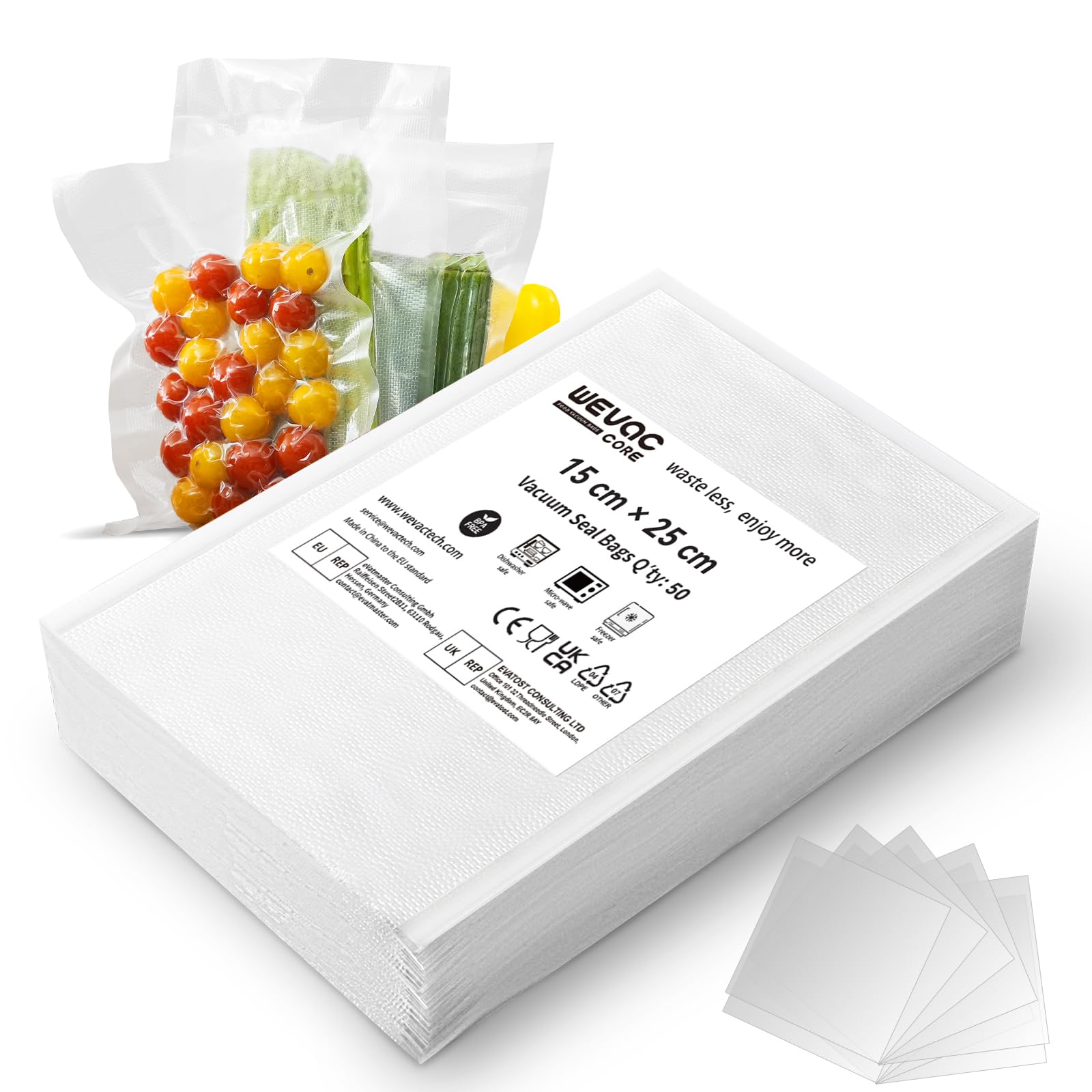 Wevac Core Vacuum Food Sealer Bags 50pcs 15x25cm Embossed Precut Vacuum Sealer Machine Bags, BPA Free and Heavy Duty Textured Seal Bag for Freezing, Microwaving and Sous Vide Cooking