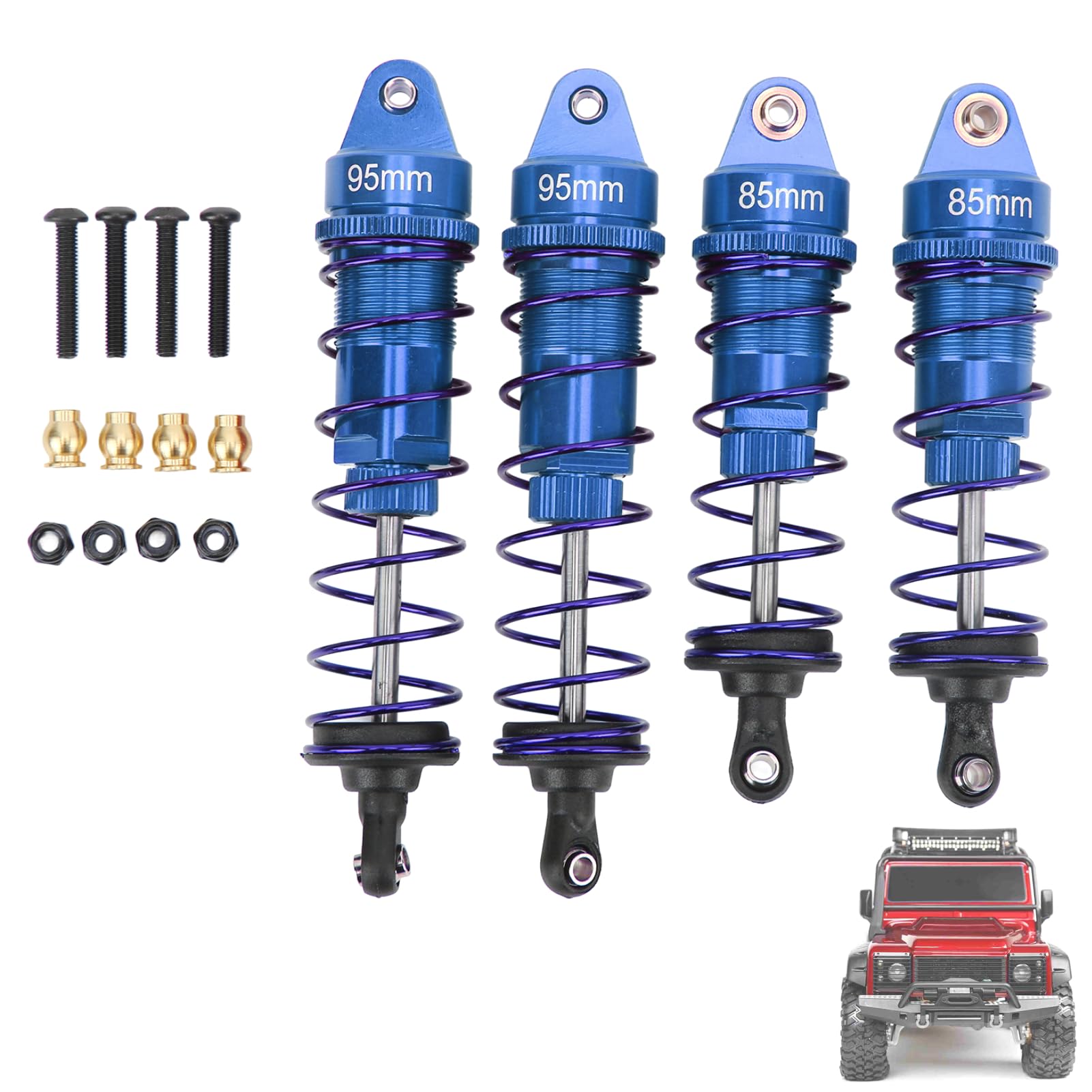 HERCHR 4Pcs RC Shock Absorbers, 95mm/105mm Front/Rear Aluminum Alloy Damper Set with Spring HSP Traxxas 1/10 Scale RC Off‑Road Truck Buggy Crawler Car Upgrade Parts (Blue)