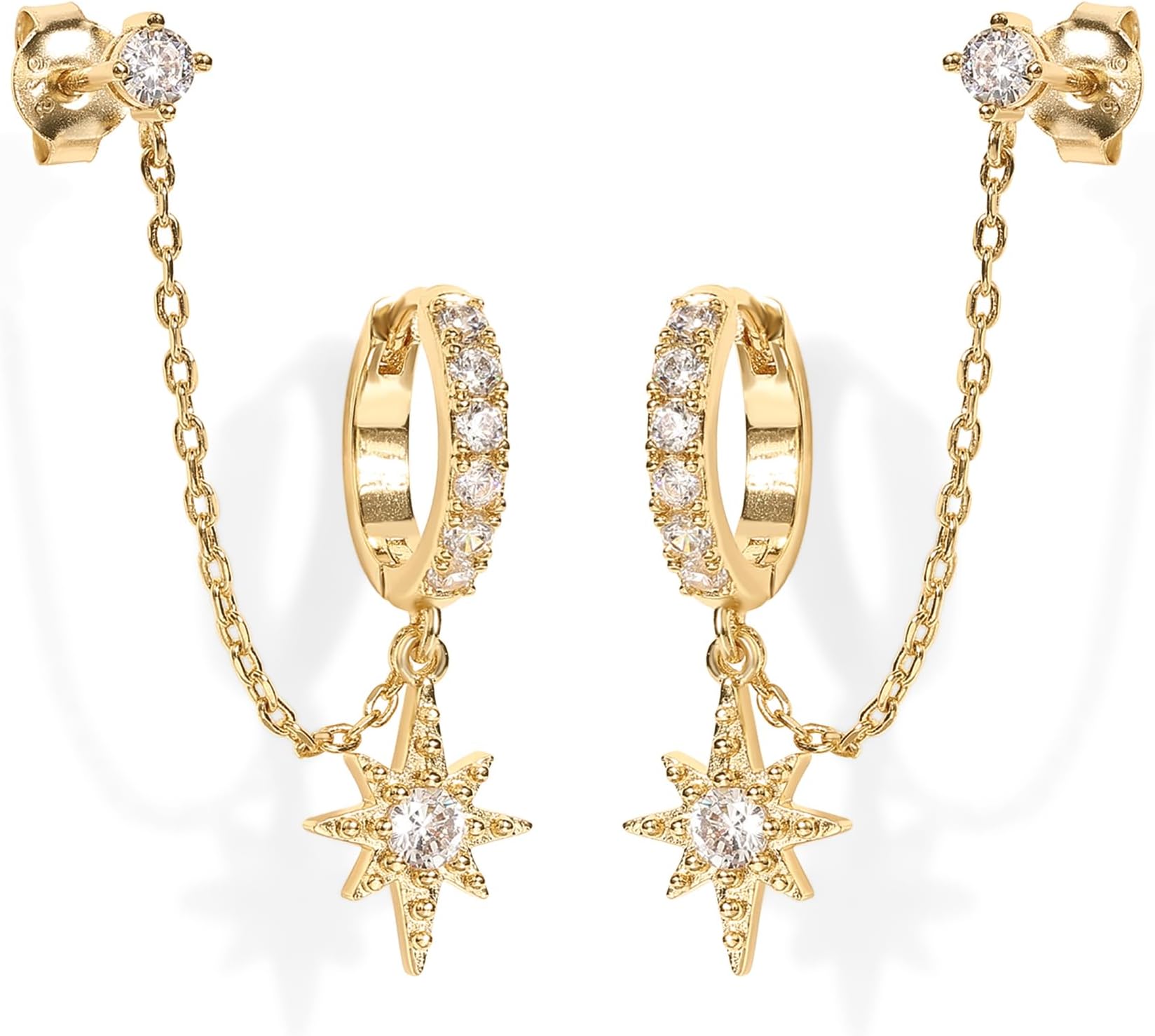 14K Gold Chain Earrings for Women | Double Piercing Dangle Chain Huggie Hoop Earrings | Cubic Zirconia Pearl Stud Ear Cuff Earrings for Women