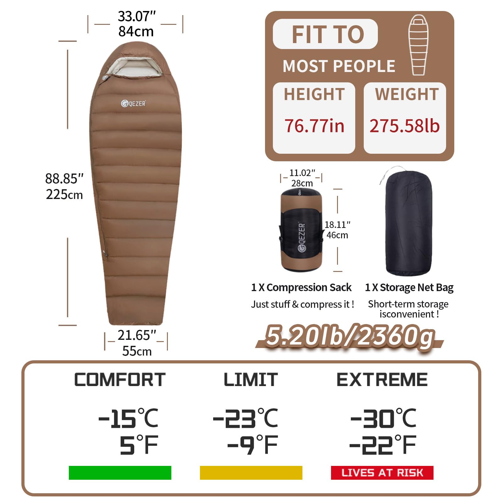 Saco de dormir de 0 grados para adultos con relleno de 650 grados para clima frío, tamaño grande y ligero