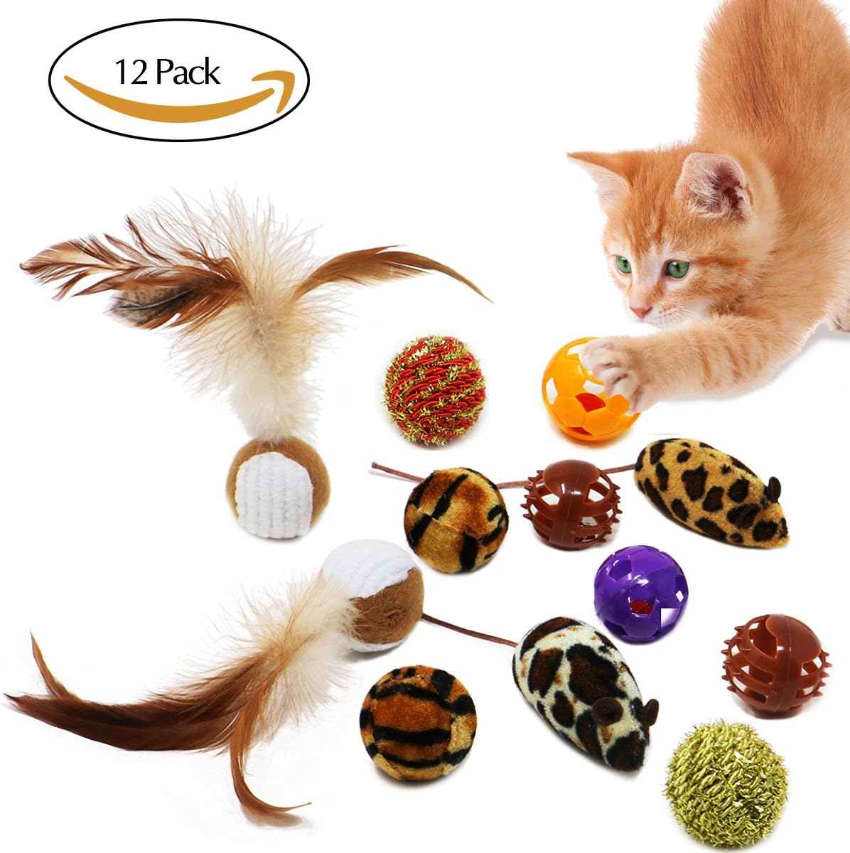 Bascolor Cat Toys Balls Interactive 12 Pack Feather