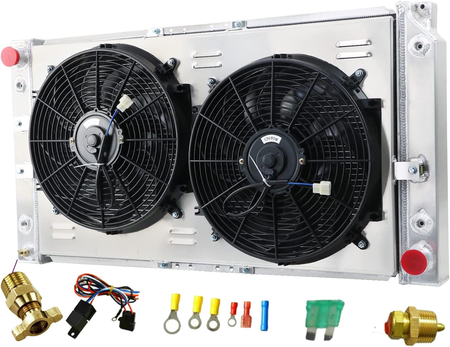 Aluminum Radiator for 1994 1995 1996 Buick Roadmaster/Cadillac Fleetwood/Chevy Caprice Impala 5.7L V8 Gas 94 95 96 radiators 3 Row Core 2 X 14" Fans Relay Kit