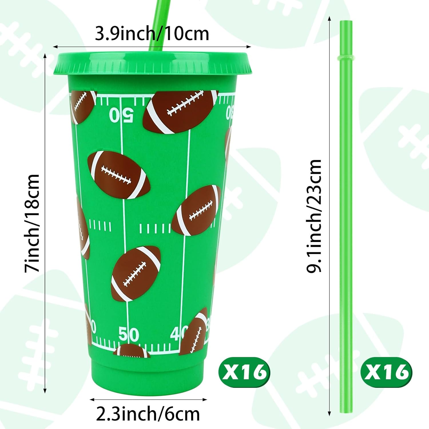 Hooqict 16 Pack Football Plastic Cups with Lids and Straws 24oz Reusable Tumbler Football Cups Water Bottle Bulk for Birthday Sport Themed Party Favors Game Day Tailgate Party Supplies Team Gifts