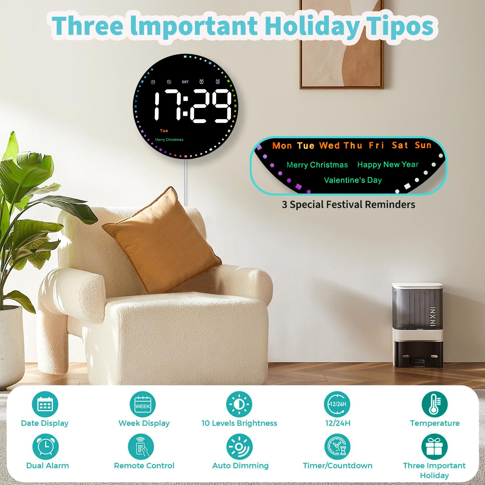 Horloge Murale LED Numérique 10 Pouces Avec Télécommande – Affiche Heure, Date, Température, Alarme Et Minuterie - 3