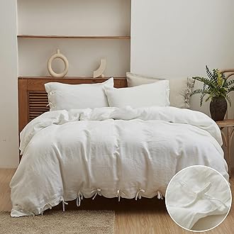 Simple&Opulence 100% Linen Duvet Cover Set 3pcs with Bowknot Ties Closure Natural French Washed Flax Solid Color Soft Breathable Farmhouse Bedding - White, Queen Size