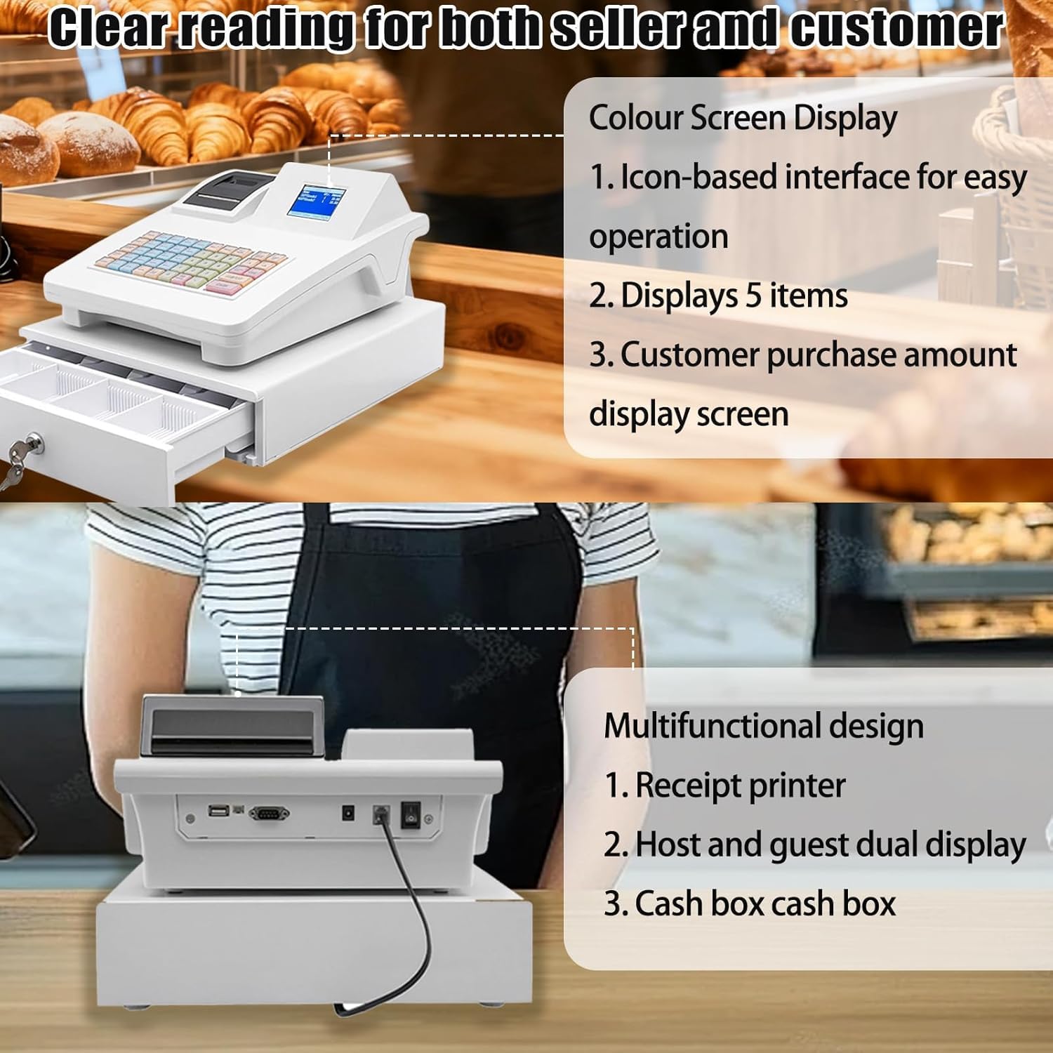 Caisse électronique, Caisse enregistreuse Supermarché Caisse de vente au détail Système de caisse avec LED Restaurant Caisse 48 touches pour petits avec tiroir de caisse pour restaurants, supermarchés