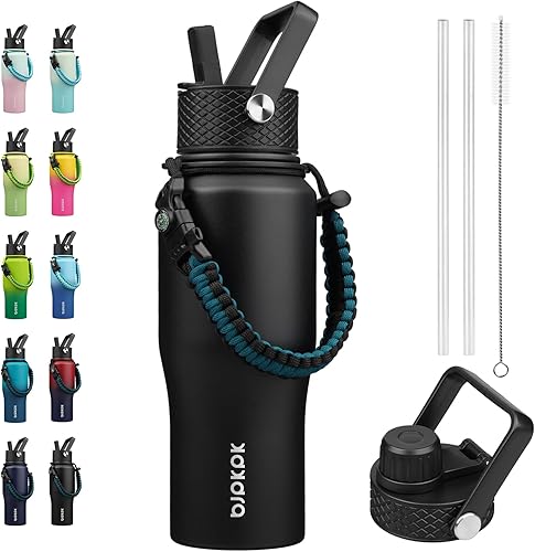 BJPKPK Botellas de agua aisladas con tapa con pajilla, botella de agua de metal de 23 onzas con 2 tapas y correa de paracaídas, vasos al vacío de