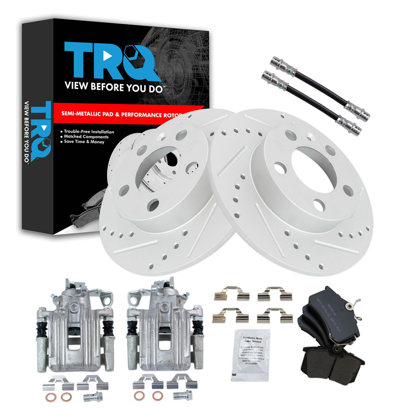 TRQ Performance Rear Brake Pad and Rotor Set Semi Metallic Slotted Drilled Coated Rotors Calipers Compatible with 1999 Volkswagen Jetta