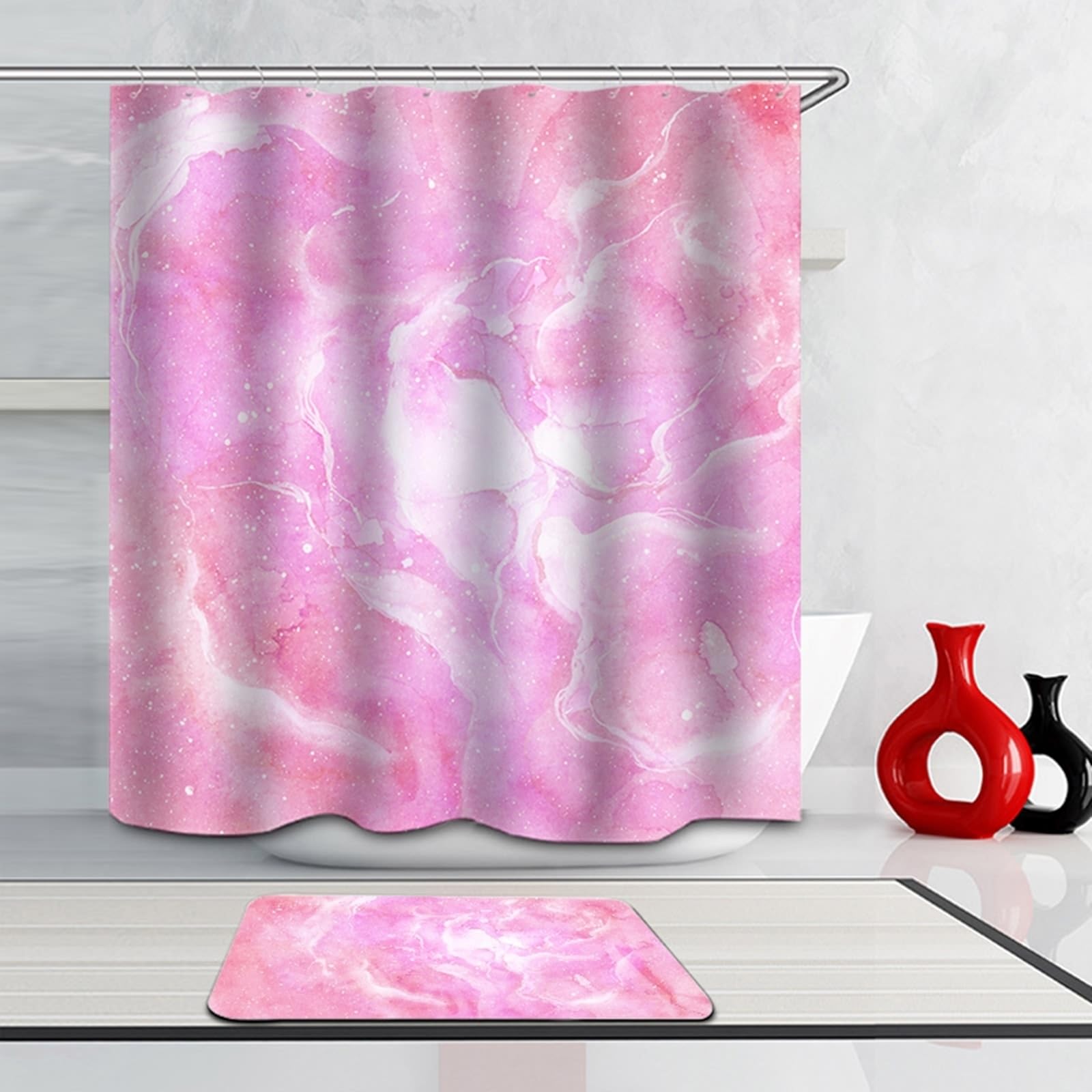 Tenda da doccia 180 x 180 cm, in tessuto rosa, fantasia, impermeabile, antimuffa, in poliestere, lavabile, 1,8 x 1,8 m di lunghezza (larghezza x altezza) con anelli per tenda da doccia