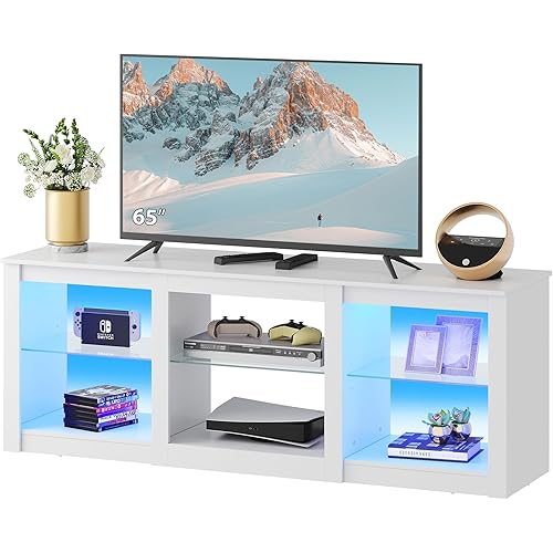 WLIVE LED TV Stand for 65-Inch TV, 58-Inch Entertainment Center with Adjustable Glass Shelves, Modern Media Console for Living Room & Bedroom, White