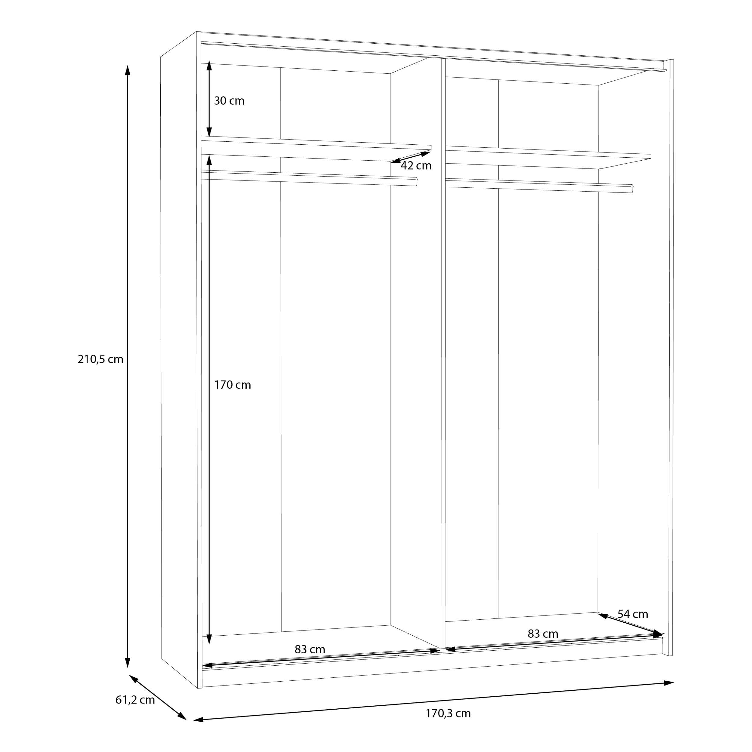 Forte Schach & MATT 2 Schrank 170, moderner Kleiderschrank 2-türig mit Spiegel, Schwebetürenschrank, Holzwerkstoff, Weiß, 170,3 cm breit x 210,5 cm hoch x 61,2 cm tief