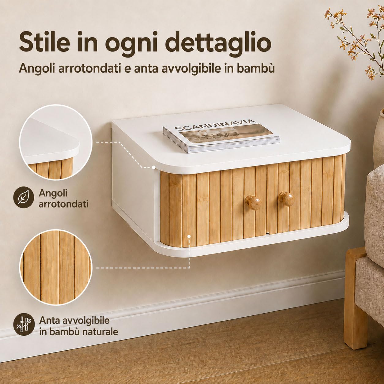 SUMGAR Comodino sospeso bianco Set da 2 | camera da letto organizer piccoli spazi legno bambù naturale moderno boho mobili 38 x 30 x 15cm, Sospeso