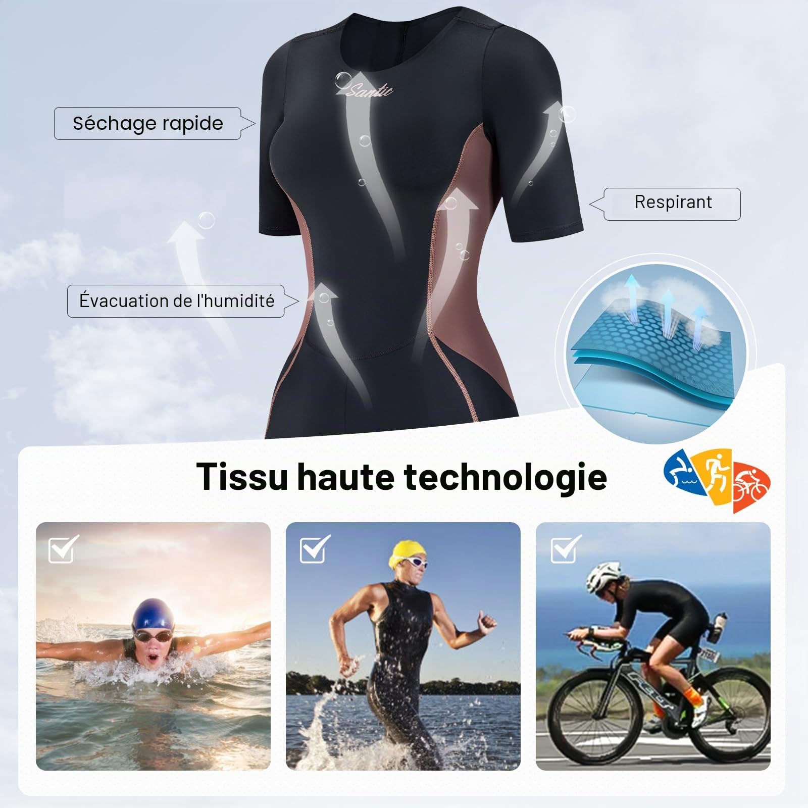 Santic Combinaison de triathlon pour femme - Rembourrée - Une pièce - Manches courtes - Séchage rapide - Perte de poids