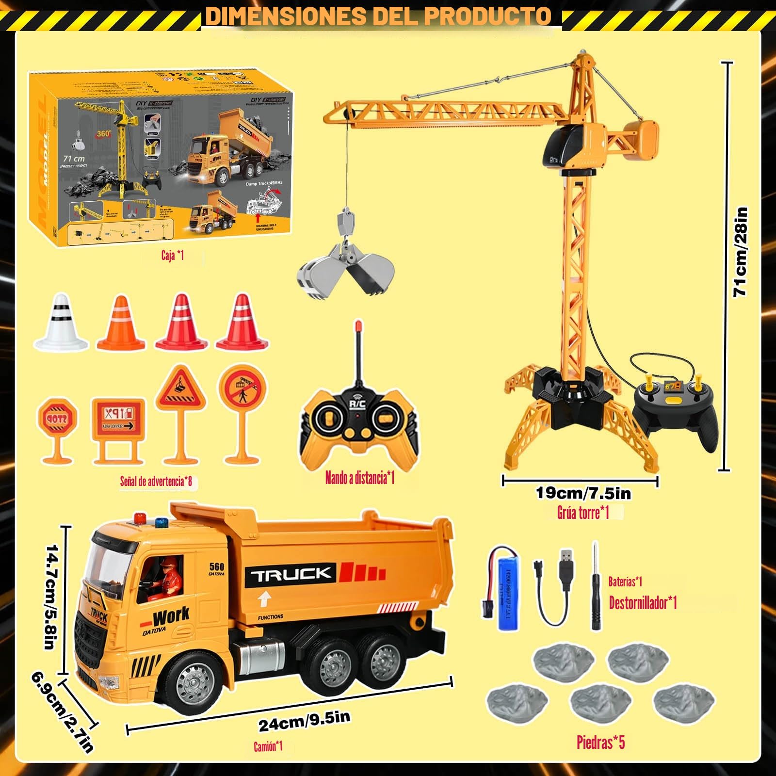 HILKKET Grúa Teledirigida y Camión de Juguete, 2,4 GHz Grua y Camión para Niños a Partir de 6 Años, Grúa Eléctrica con Gancho Elevador, Faro y Sonido, Juego de Juguetes