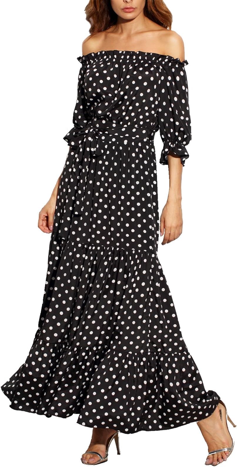 Women's Summer Casual Off The Shoulder Polka Dot Ruffle Vacation Maxi Dress