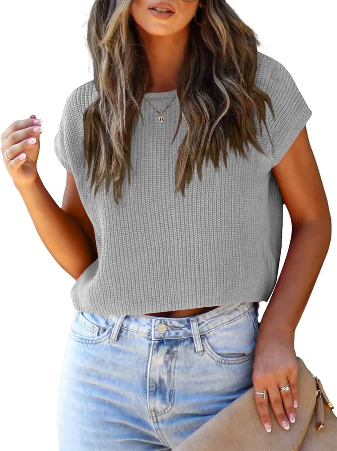 LCXWFE Womens Summer Cropped Sweater Vest Trendy Cap Sleeve Crop Tops Crew Neck Loose Knit Tank Top